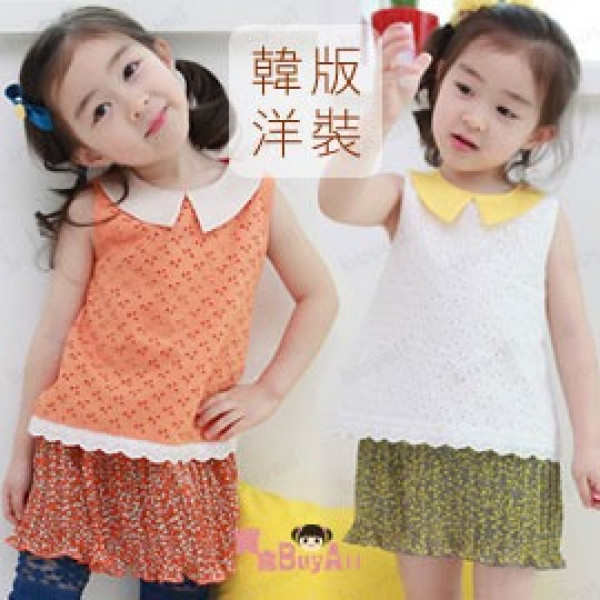 【韓製浪漫裙擺小碎花假2件洋裝】☆提花摟空復古折紗小公主洋裝/背心裙/連身裙/春夏洋裝☆ 白/橘兩色系 100-140cm